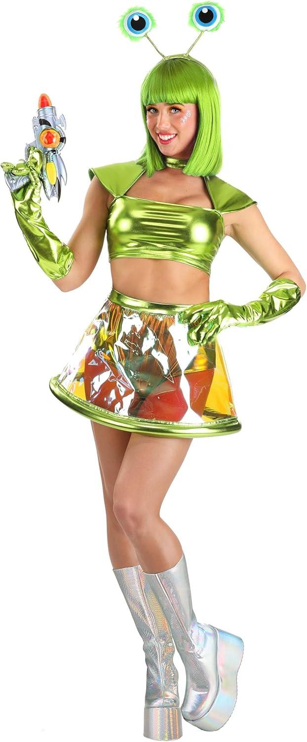 imageAlluring Alien Costume for Women with Metallic Lame Top Skirt Gloves ampamp Headband Space Alien Halloween Outfit