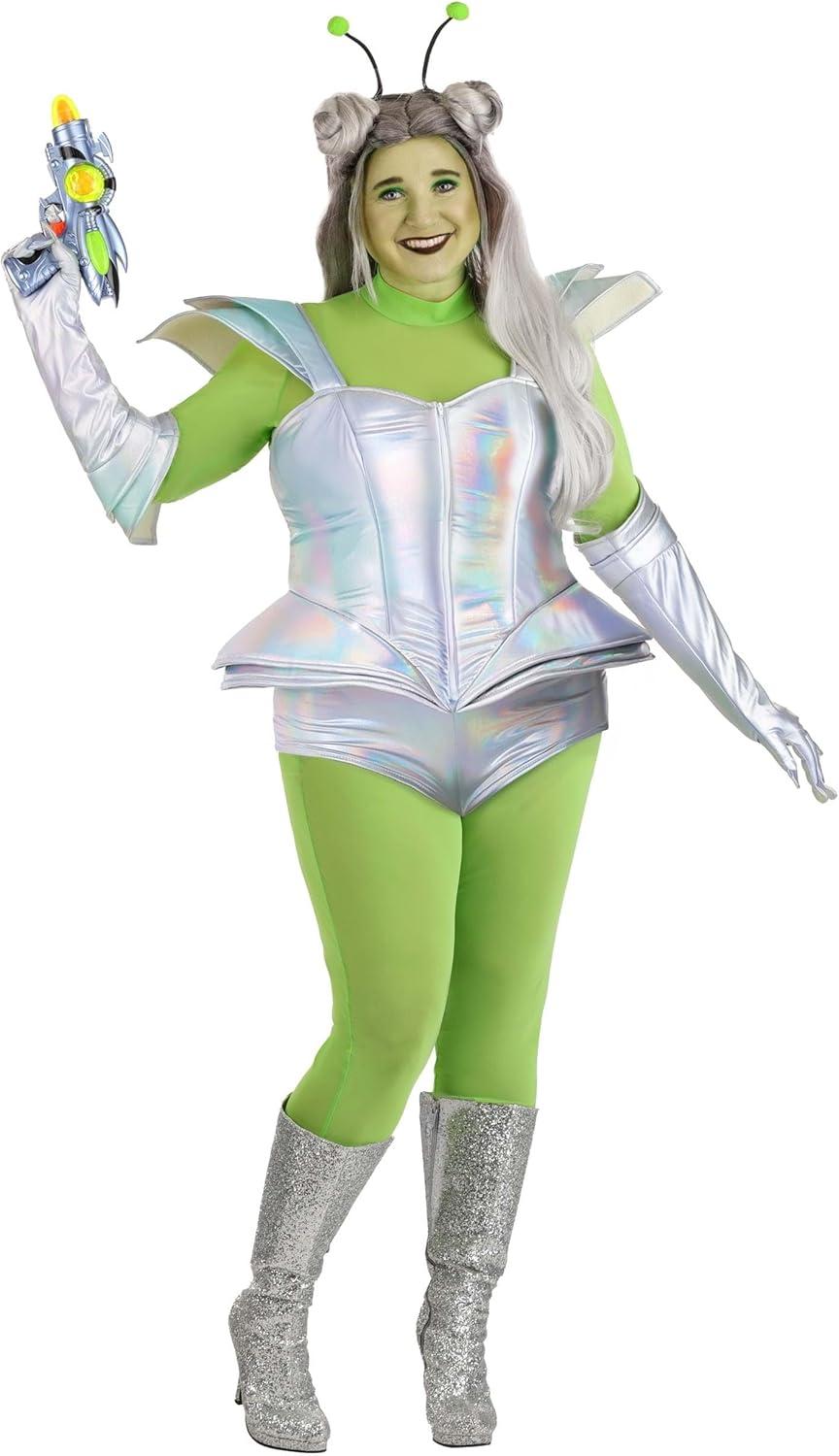 imagePlus Size Galactic Alien Babe Costume for Women with Mesh Shirt Leggings Armor Vest Shorts Gloves and Antennas