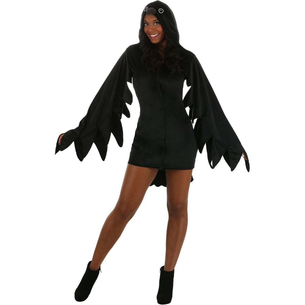 imageAdult Classy Crow Costume  Velour Fabric Front Zipper Wing Sleeves Tail