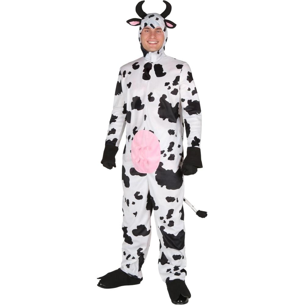 imageAdult Cow Costume  Cattle Halloween Hooded Jumpsuit With Back Zipper Funny Farm Animal One Piece Outfit