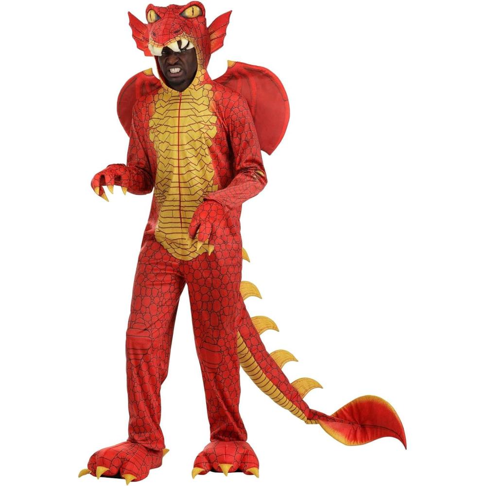 imageAdult Deluxe Red Dragon Costume Jumpsuit with Attached Hood Wings Tail and Clawed Hands Halloween Cosplay Outfit