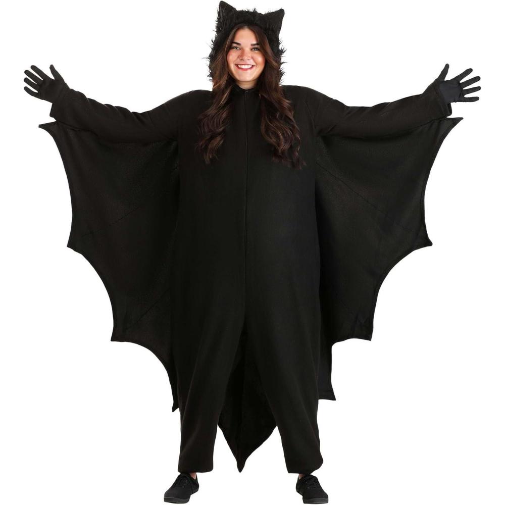 imageAdult Plus Size Bat Costume Fleece Jumpsuit with Wings Faux Fur Hood Front Zipper Closure