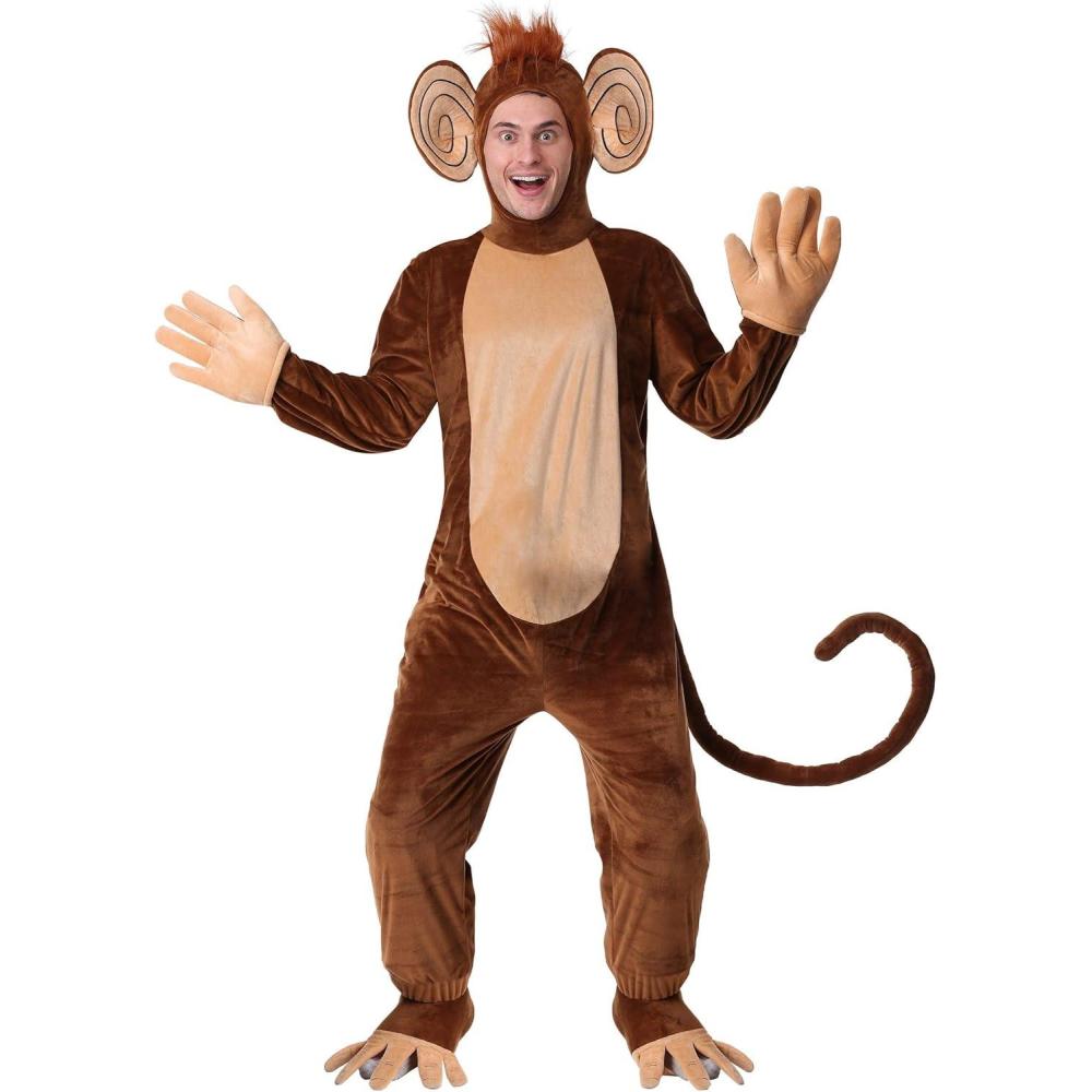 imageAdult Plus Size Funky Monkey Costume  Jumpsuit with Attached Hood with Ears ampamp Bendable Tail Foot Covers and Gloves