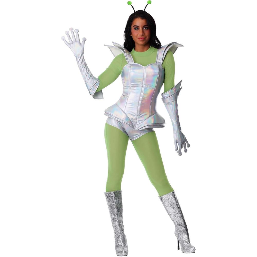 imageAlien Girl Costume Adult Womens Galactic Extraterrestrial Halloween Outfit Mesh Shirt Pants Armor Vest Gloves Antennas