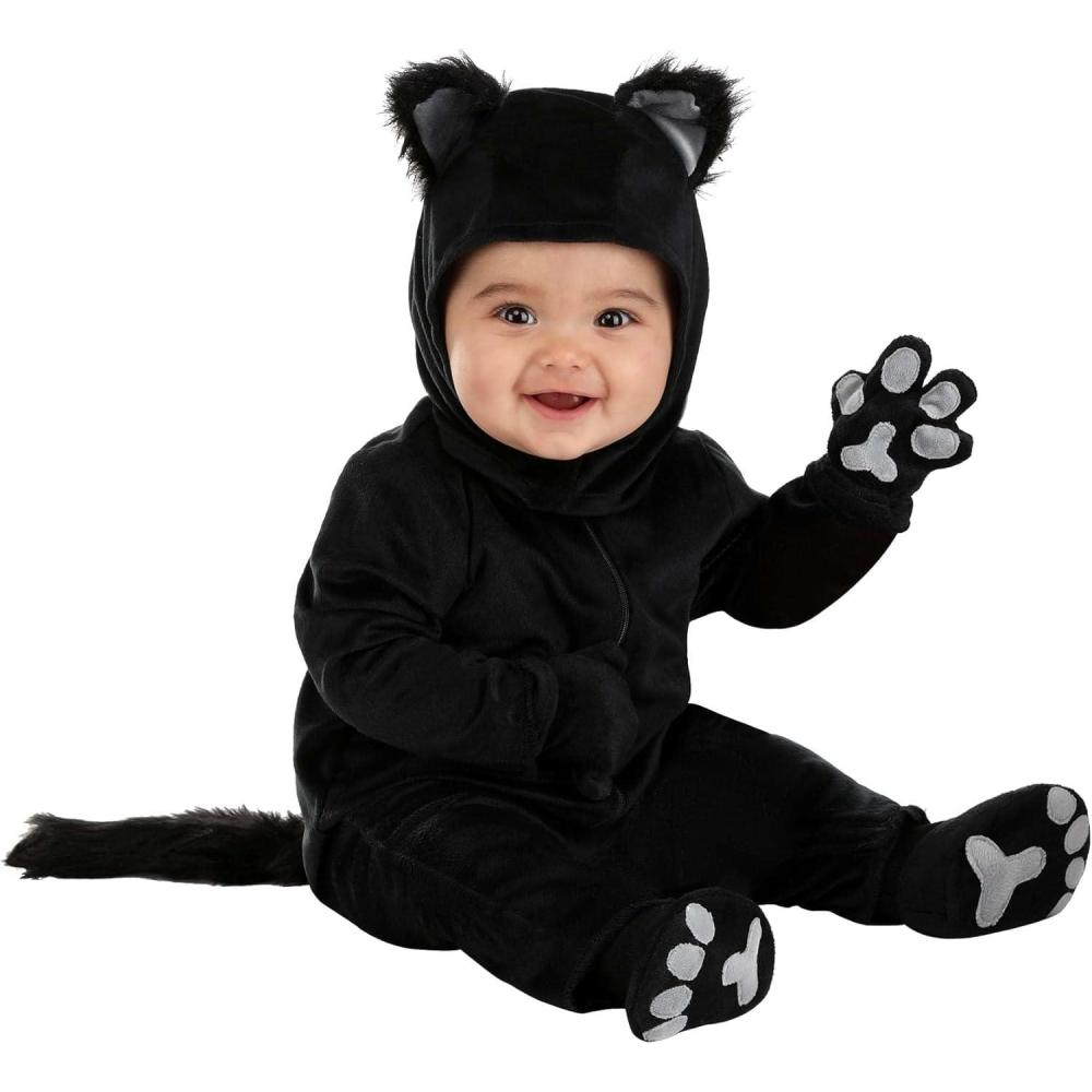 imageFurry Feline Black Cat Costume for Infants  Cozy Jumpsuit Hood Mitts Booties  Baby Boys ampamp Girls Halloween Outfit