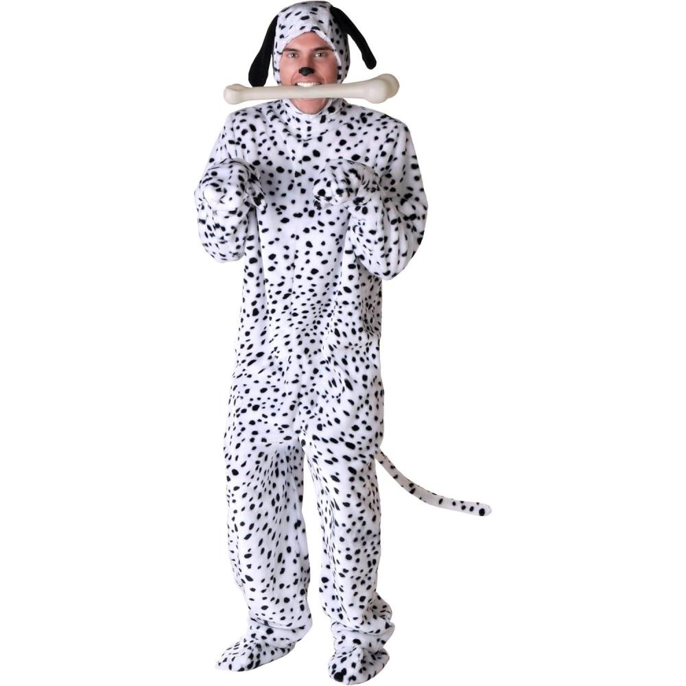imageMens Dalmatian Halloween Costume  Adult Black Spotted Dog Jumpsuit wMitts Headpiece ampamp Shoe Covers for Themed EventsBundle W Bone