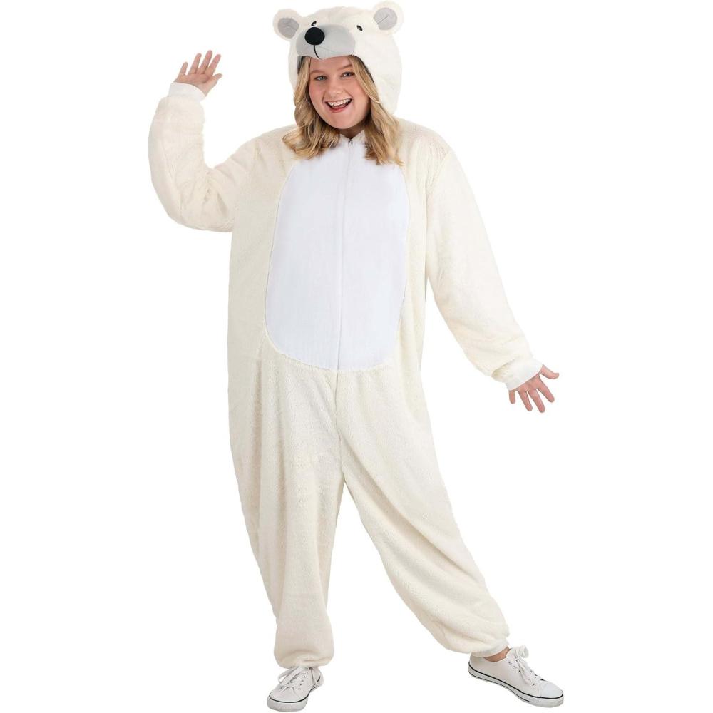 imagePlus Size Polar Bear Costume Outfit for Adults Plush Hooded Jumpsuit with Stuffed Tail Snout and Velour DetailsWhite