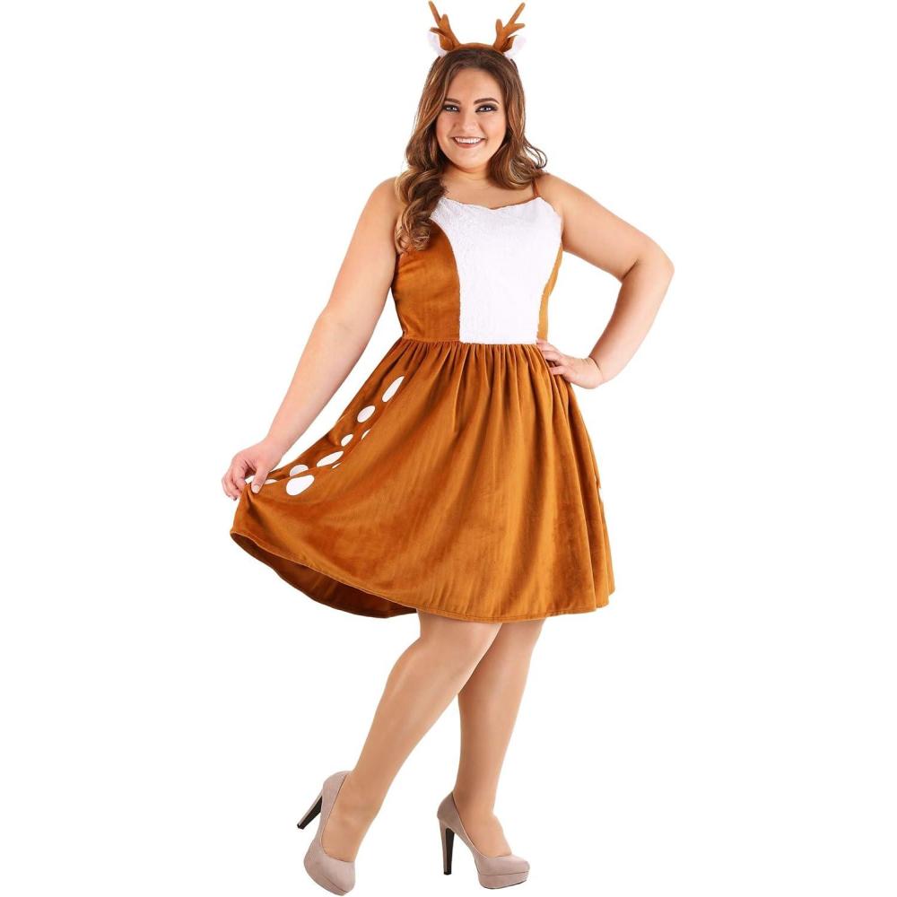 imagePlus Size Womens Deer Costume Dress  Velvet Fabric Plush Tail Antler Headband  Holiday Animal Outfit