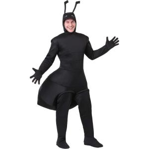 Adult Ant Costume, Black Insect Bodysuit With Attached Gloves, Shoe Covers, And Headpiece With Attached Antennae