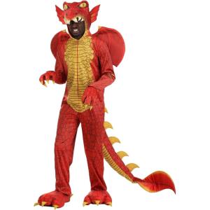 Adult Deluxe Red Dragon Costume Jumpsuit with Attached Hood, Wings, Tail, and Clawed Hands | Halloween Cosplay Outfit