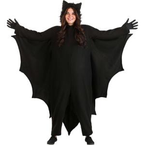Adult Plus Size Bat Costume Fleece Jumpsuit with Wings, Faux Fur Hood, Front Zipper Closure