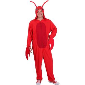 Adult Red Lobster Costume Animal Jumpsuit with Hood, Eyes, Antennae, and Claw Mitts for Halloween