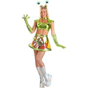 Alluring Alien Costume for Women with Metallic Lame Top Skirt, Gloves & Headband – Space Alien Halloween Outfit