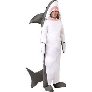 Great White Shark Costume for Adults – Shark Mascot Jumpsuit, Stuffed Dorsal Fin, Toothy Face Opening & Boot Covers X-Large