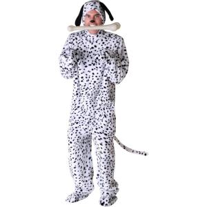 Mens Dalmatian Halloween Costume | Adult Black Spotted Dog Jumpsuit w/Mitts, Headpiece, & Shoe Covers for Themed Events(Bundle W/ Bone)