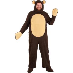Plus Size Adult Bear Costume – Fleece Jumpsuit with Attached Mitts, Hood with Stuffed Ears, and Shoe Covers