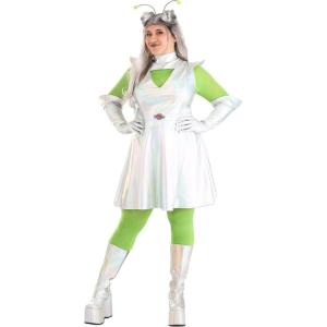 Women’s Plus Size Retro Outer Space Alien Costume Dress – Metallic Dress, Green Under Shirt, Antennae & Gloves
