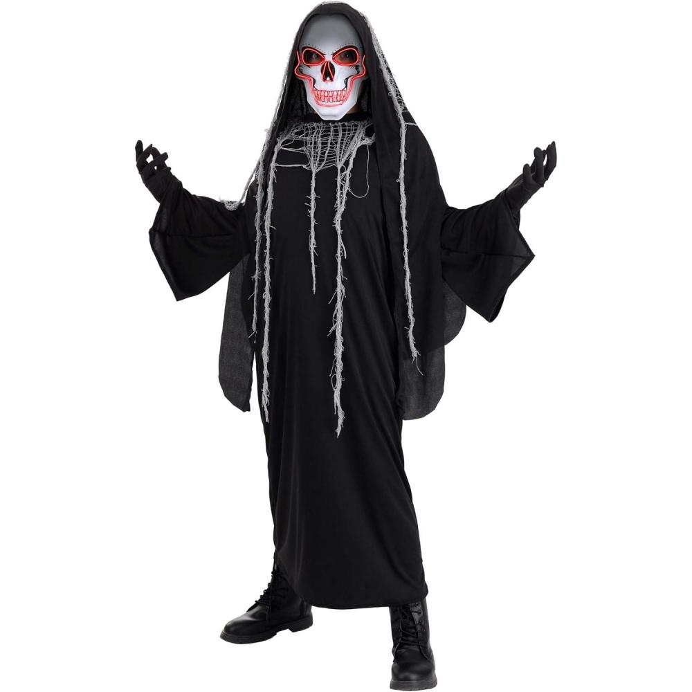 imageKids Glowing Grim Reaper Costume  Grim Reaper Robe with LED LightUp Skeleton Mask Accessory for Children