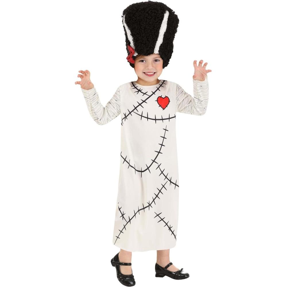imageToddler Bride Of Frankenstein Costume  Dress Outfit With Printed Bandages And Stitches Faux Beehive Hair Hat