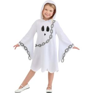 Chained Ghost Toddler Costume | Spooky Hooded Pullover Tunic with Flared Sleeves & Playful Ghost Face