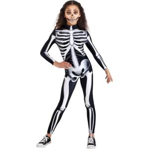 Girl’s Skeleton Bodysuit Costume – Stretch Fit Skeleton Bones Printed Jumpsuit for Kid’s, Halloween Jumpsuits