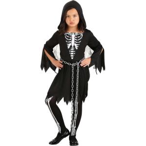 Kid’s Death Costume Dress, Scary Grim Reaper Halloween Dressup, Skeleton Dress with Hood