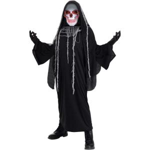 Kid’s Glowing Grim Reaper Costume – Grim Reaper Robe with LED Light-Up Skeleton Mask Accessory for Children