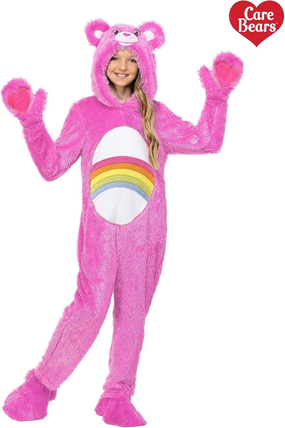 imageGirls Pink Care Bear Halloween Costume Kids Cheer Bear Hooded Jumpsuit with Attached Mitts and Shoe Covers