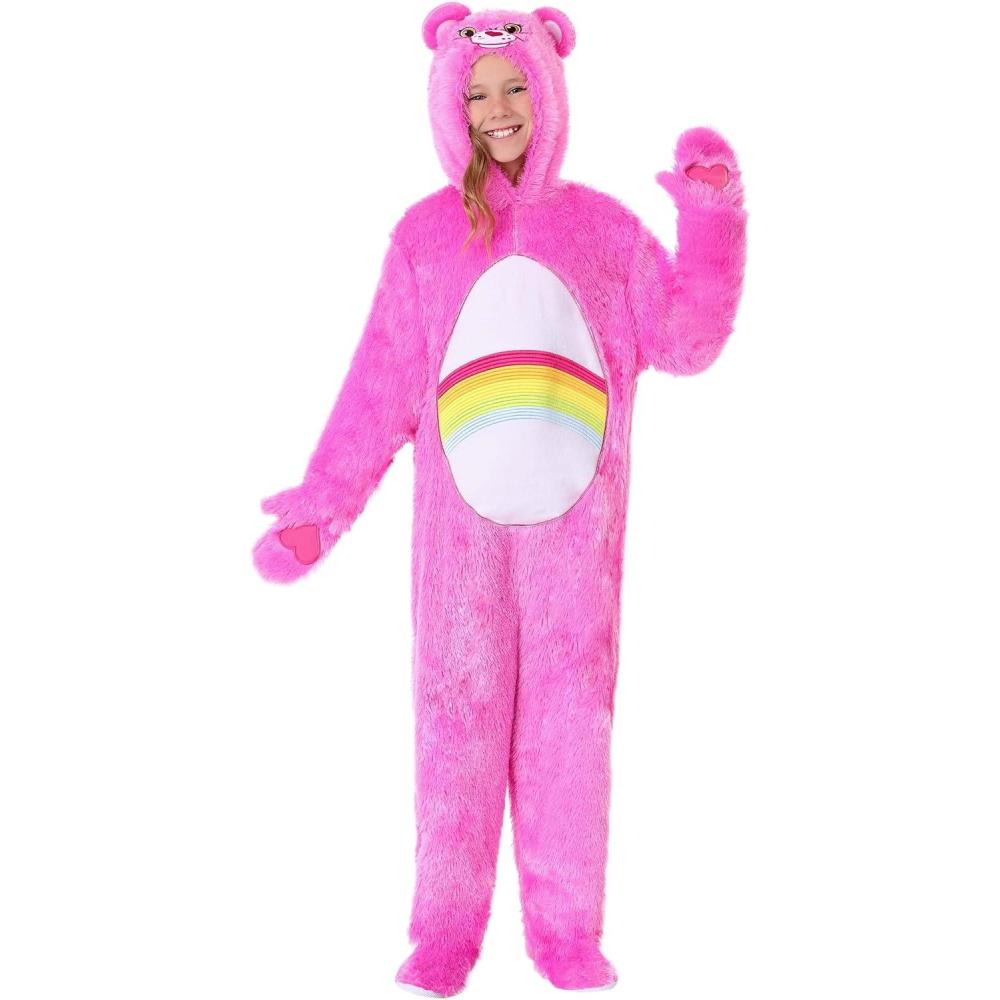 imageGirls Pink Care Bear Halloween Costume Kids Cheer Bear Hooded Jumpsuit with Attached Mitts and Shoe Covers