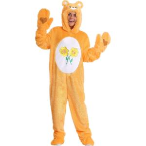 Care Bears Friend Bear Halloween Costume For Adults | Golden Faux Fur Jumpsuit With Yellow Flower Belly Badge
