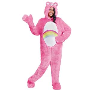 Cheerful Care Bears Adult Classic Cheer Bear Costume | Fuzzy Halloween or Cosplay Jumpsuit(Bundle W/ Makeup Kit)