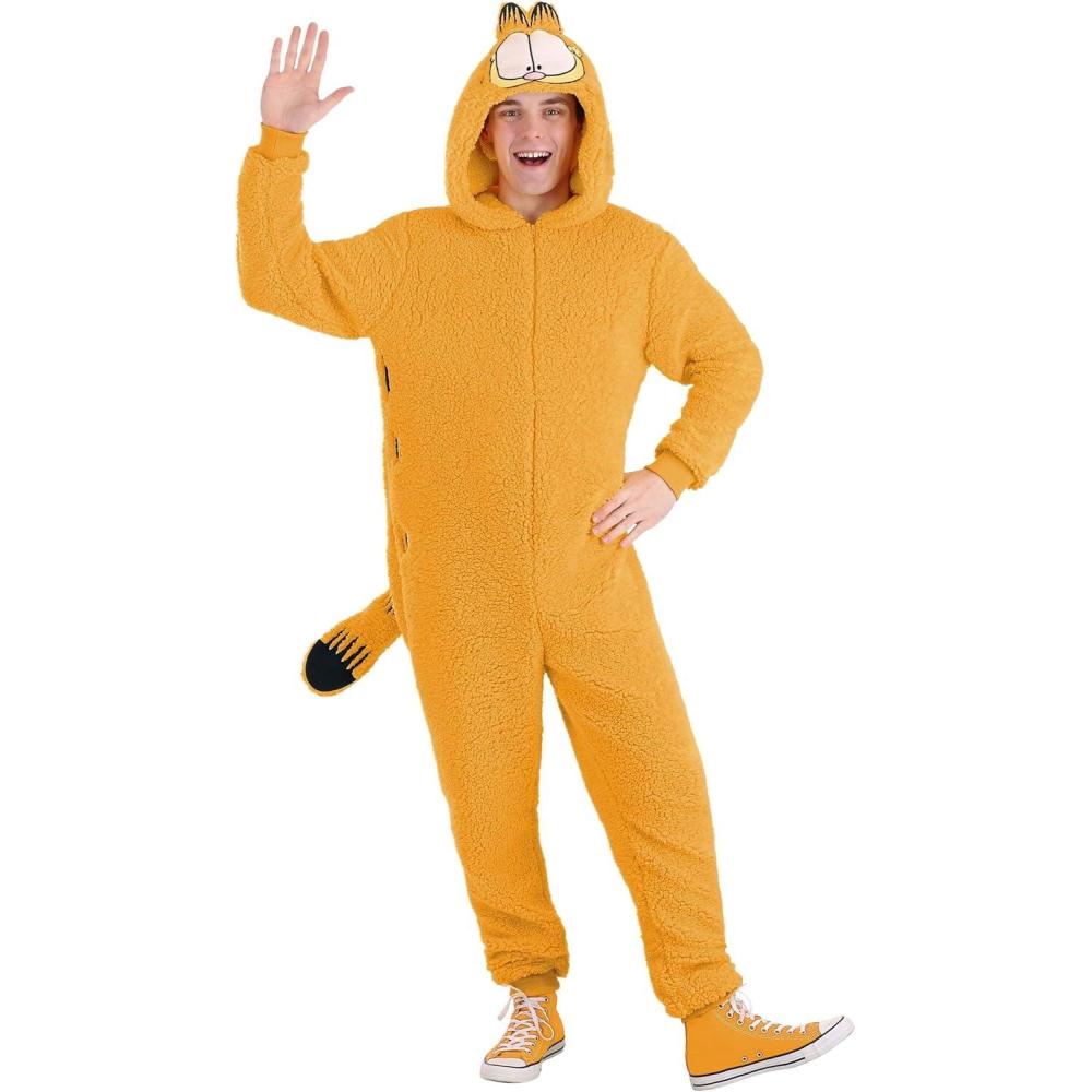 imageMens Authentic Garfield Halloween Costume  Adult Fleece Hooded Cat Jumpsuit for DressUp and Cosplay