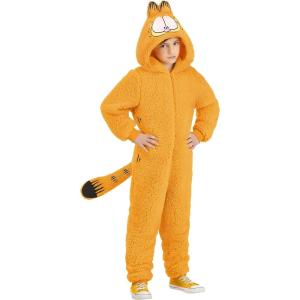 Kids Garfield Costume | Lazy Orange Cat Hooded Plush Jumpsuit with Front Zipper, Attached Tail and Ears