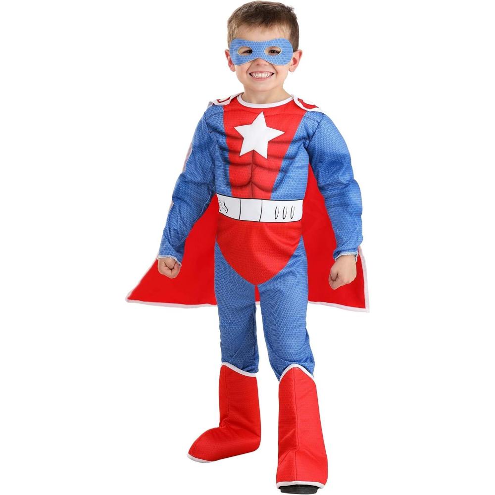imageToddler Boy Superhero Costume  Muscle Suit Fabric Jumpsuit With Red Fabric Cape Foam Mask And Boot Covers