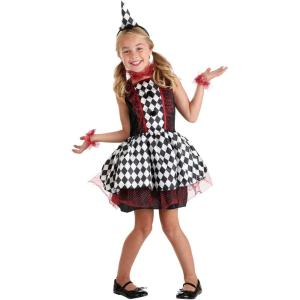 Girl’s Burgundy Harlequin Costume for Kids – Child Carnival Clown Dress with Headband, Choker, & Wrist Bands