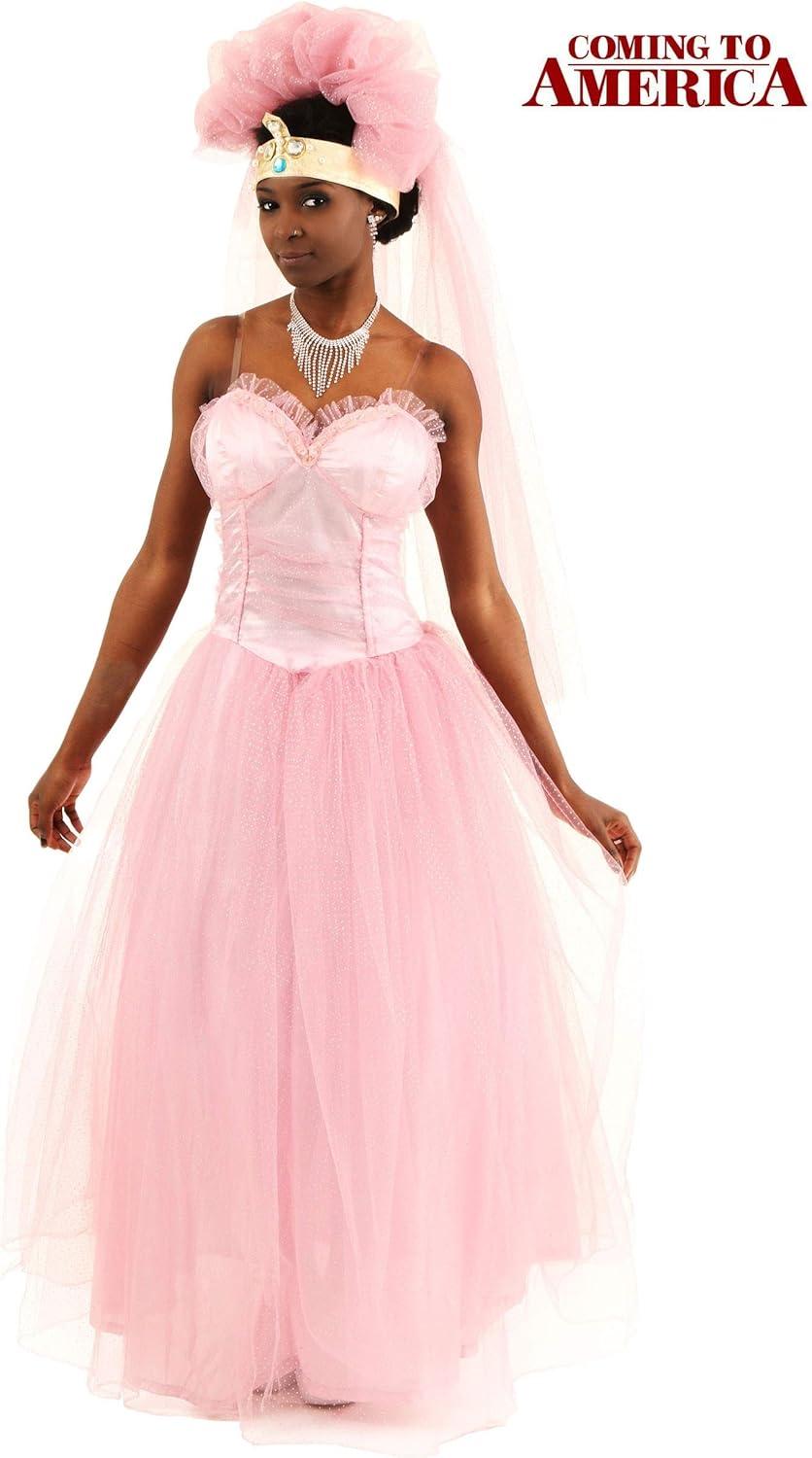imageComing to America Wedding Dress Costume Pink Tulle Gown with Pearls Veil and Crown