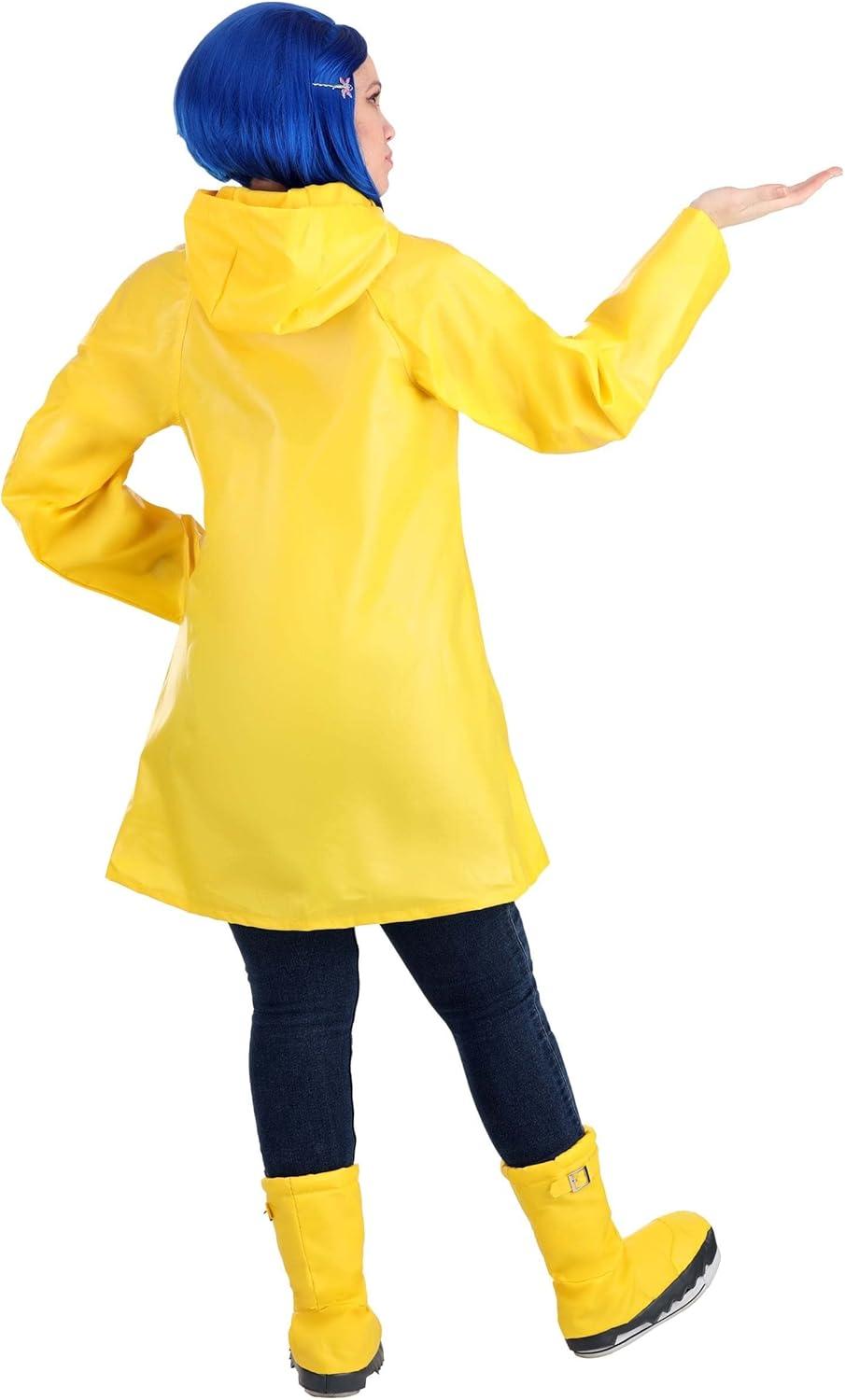 imageFun Costumes Adult Coraline Costume Womens Yellow Hooded Rain Jacket Outfit with Boot Covers Blue Wig ampamp Dragonfly PinCostume