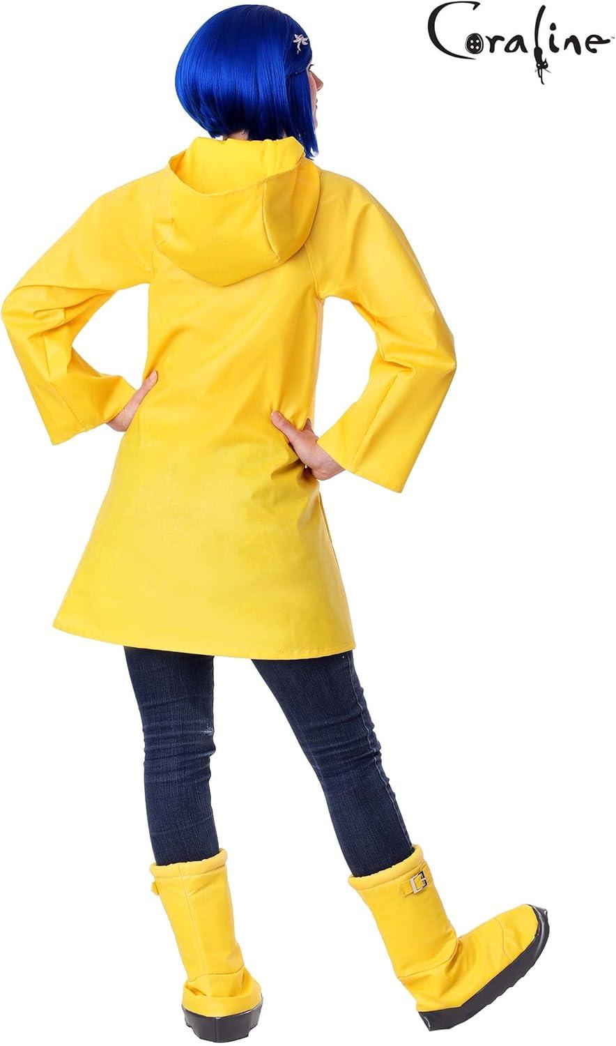 imageFun Costumes Adult Coraline Costume Womens Yellow Hooded Rain Jacket Outfit with Boot Covers Blue Wig ampamp Dragonfly PinCostume