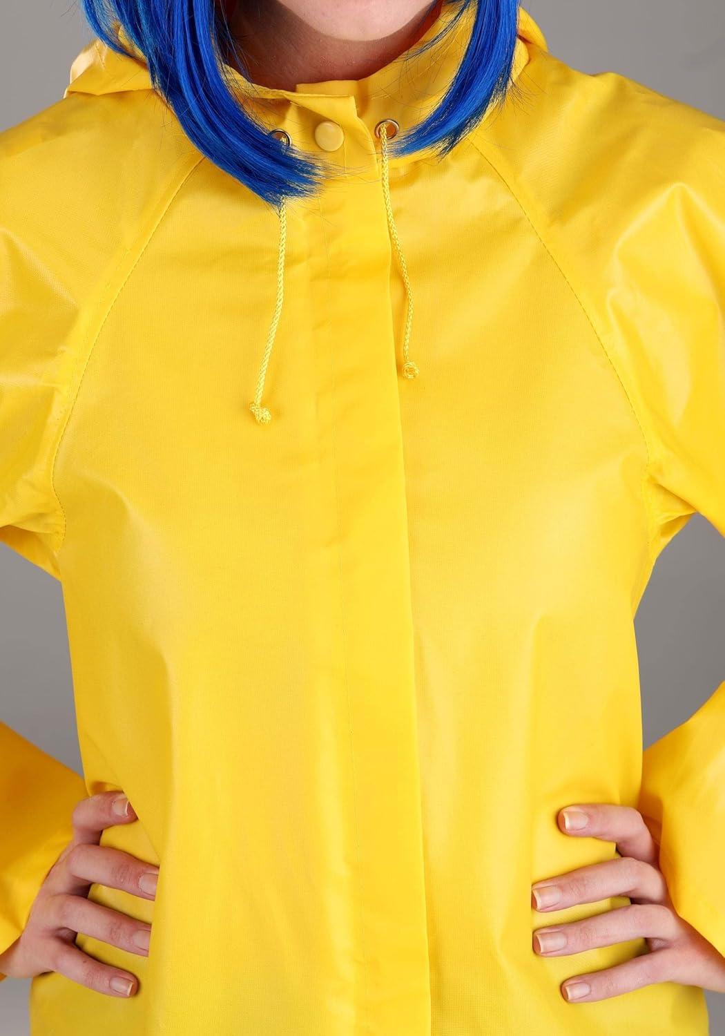 imageFun Costumes Adult Coraline Costume Womens Yellow Hooded Rain Jacket Outfit with Boot Covers Blue Wig ampamp Dragonfly PinCostume