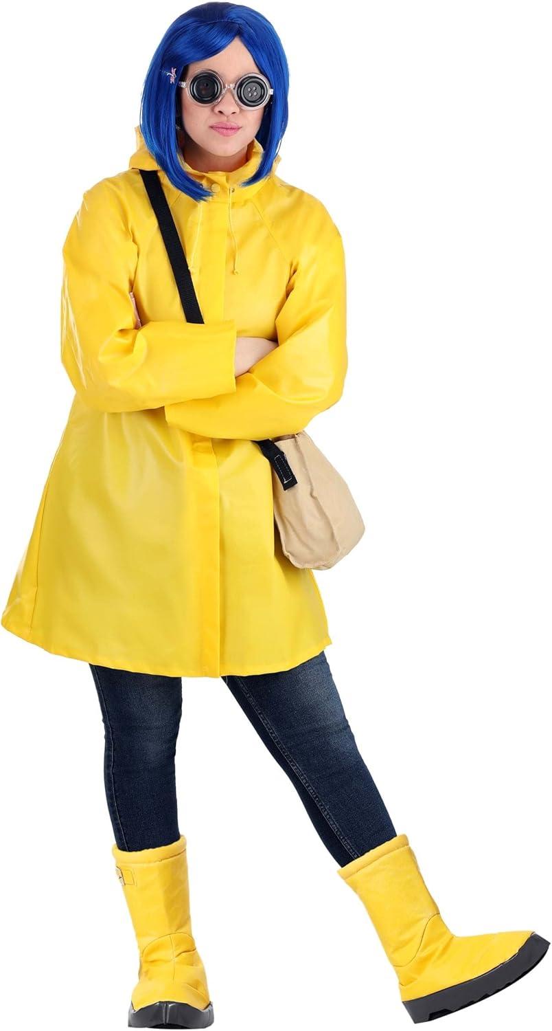 imageFun Costumes Adult Coraline Costume Womens Yellow Hooded Rain Jacket Outfit with Boot Covers Blue Wig ampamp Dragonfly PinCostume