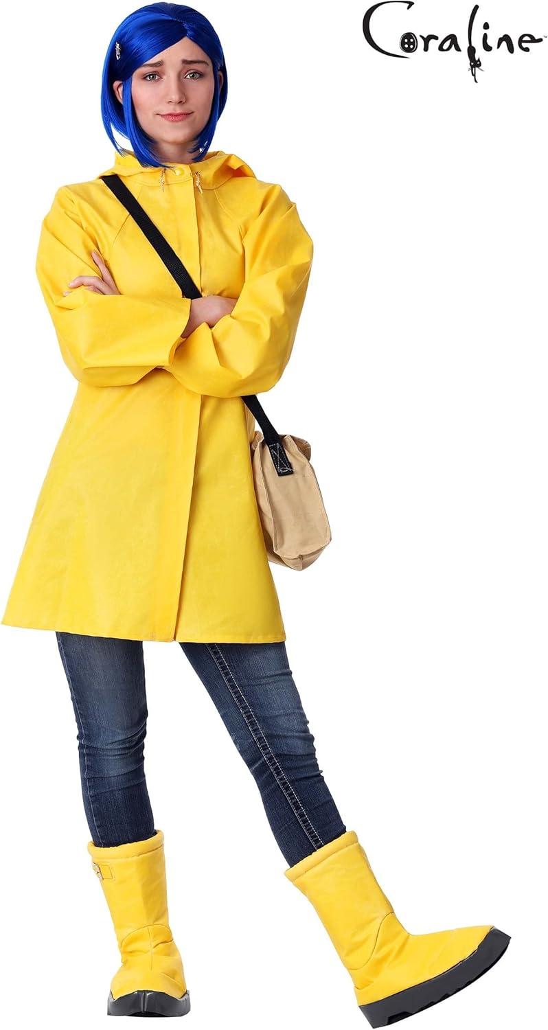 imageFun Costumes Adult Coraline Costume Womens Yellow Hooded Rain Jacket Outfit with Boot Covers Blue Wig ampamp Dragonfly PinCostume