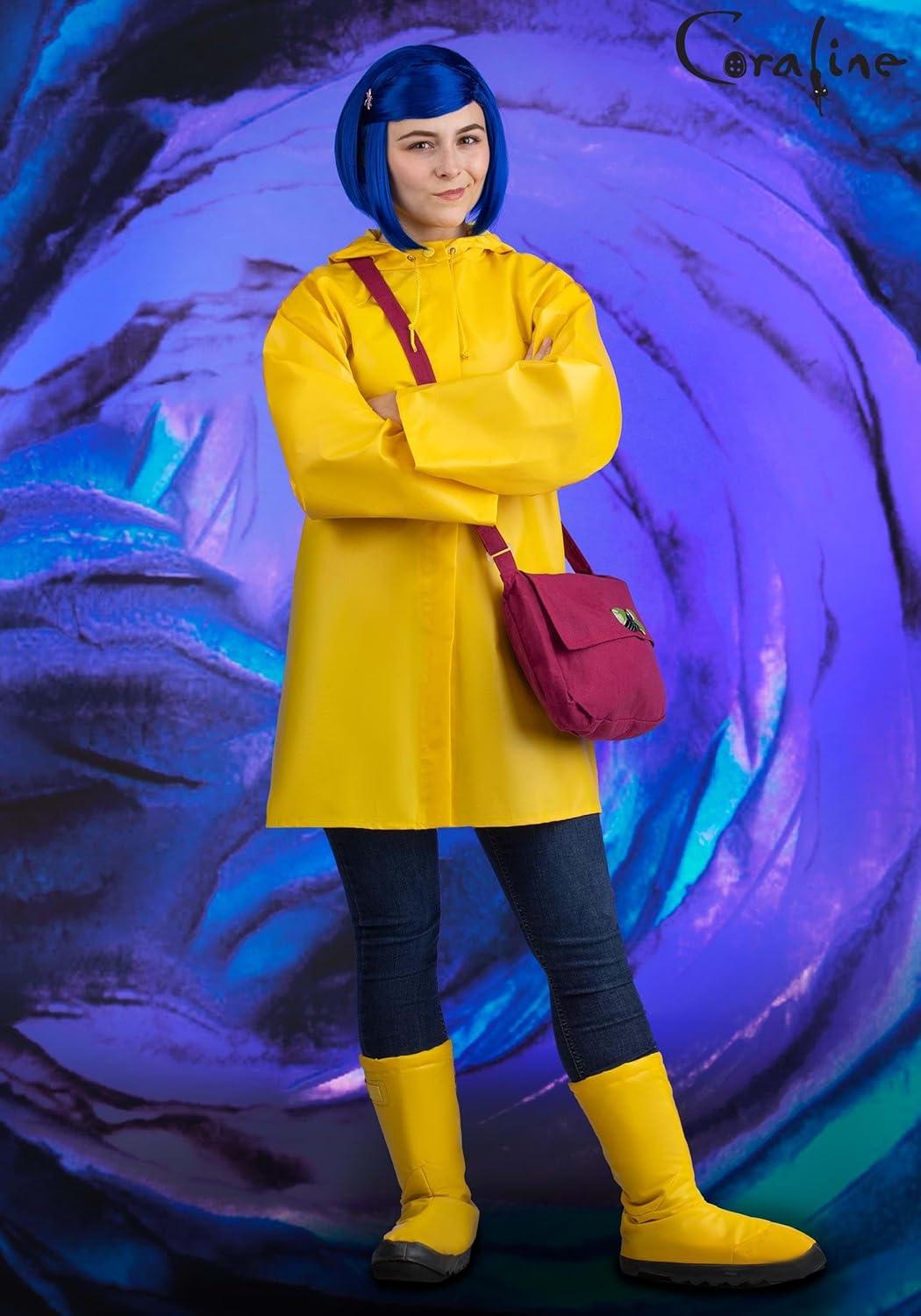 imageFun Costumes Adult Coraline Costume Womens Yellow Hooded Rain Jacket Outfit with Boot Covers Blue Wig ampamp Dragonfly PinCostume