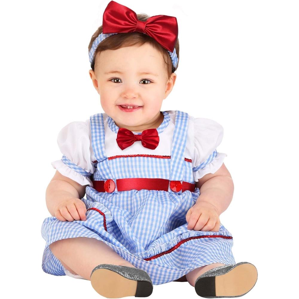 imageSweet Kansas Girl Costume For Babies Infant Farm Girl Outfit With Blue Gingham Dress And Headband With A Ruby Red Bow