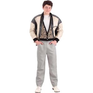 Adult Ferris Bueller Costume | Men’s Faux Black and Tan Leather Jacket, Patterned Sweater Vest, and Gray Pants