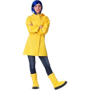 Fun Costumes Adult Coraline Costume | Women’s Yellow Hooded Rain Jacket Outfit with Boot Covers, Blue Wig & Dragonfly Pin(Costume)