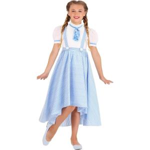 Girl’s Hi-Lo Blue Gingham Dress Kansas Girl Costume | Fairytale Musical Movie Character Cosplay Outfit for Kids