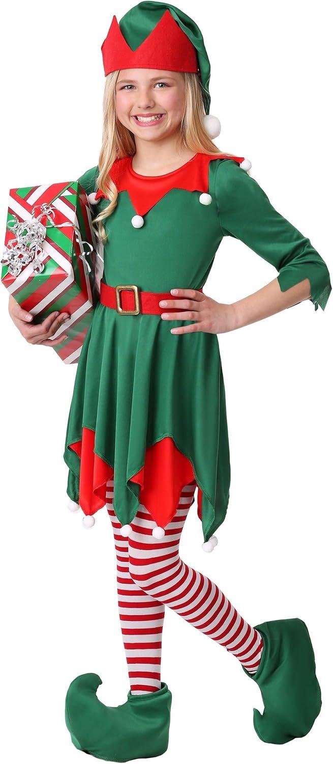 imageFun Costumes Girls Christmas Elf Costume with Hat Belt and Shoe Covers Santas Helper Dress for Holiday FestivitiesBundle W Tights