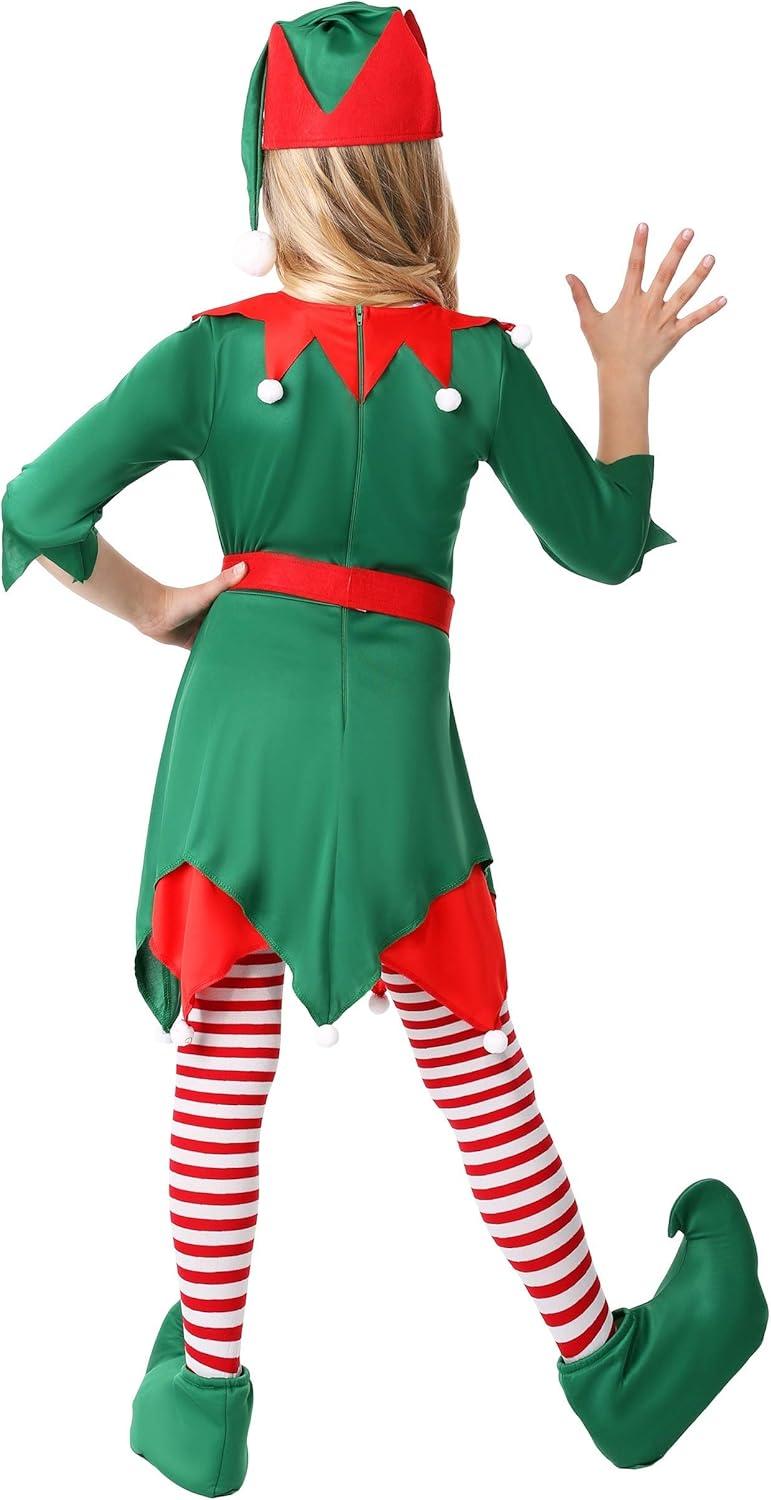 imageFun Costumes Girls Christmas Elf Costume with Hat Belt and Shoe Covers Santas Helper Dress for Holiday FestivitiesBundle W Tights