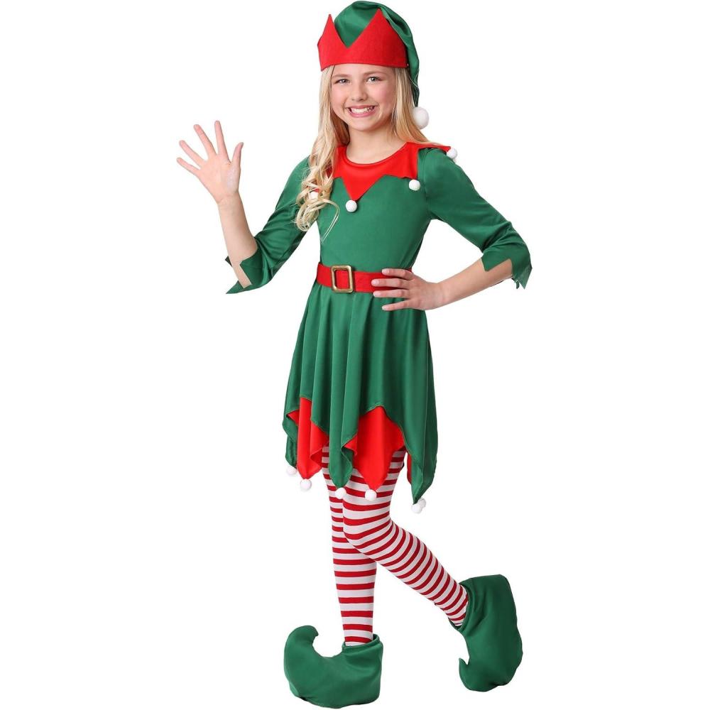 imageFun Costumes Girls Christmas Elf Costume with Hat Belt and Shoe Covers Santas Helper Dress for Holiday FestivitiesBundle W Tights