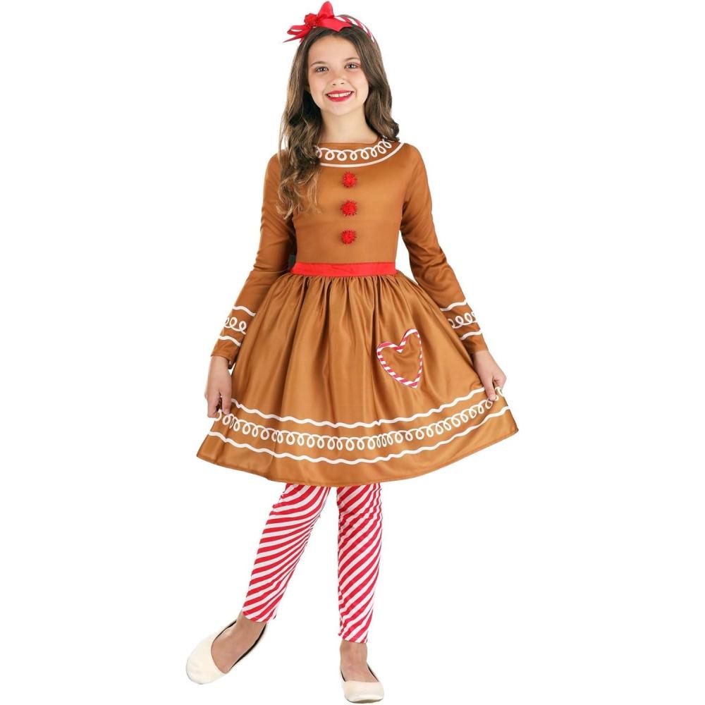 imageGingerbread Costume Dress Holiday Outfit Candy Striped Leggings Matching Headband Girls Christmas Dresses